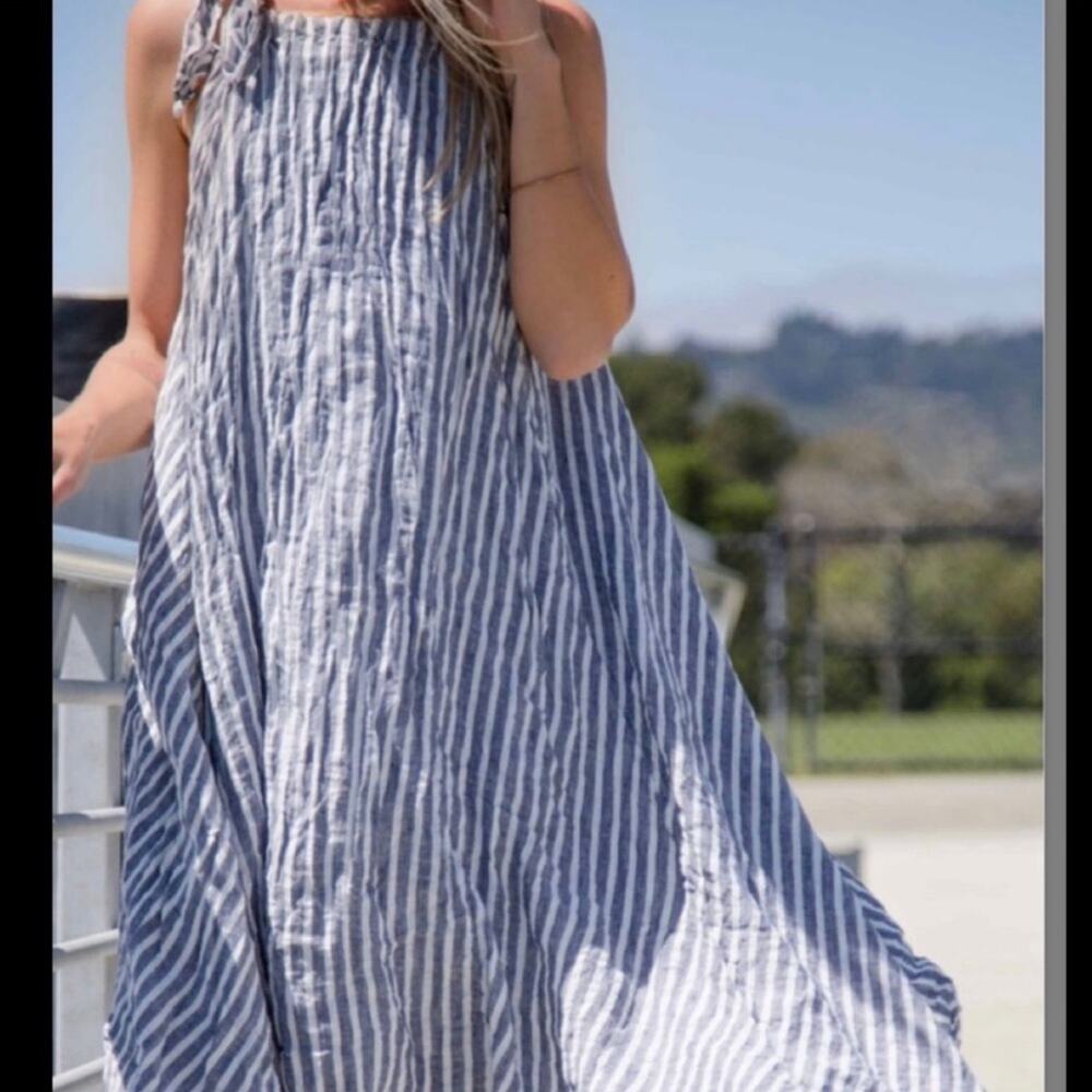 CP Shades Blue Stripe 100% Linen Goa Trapeze Handkerchief Hem Midi Dress